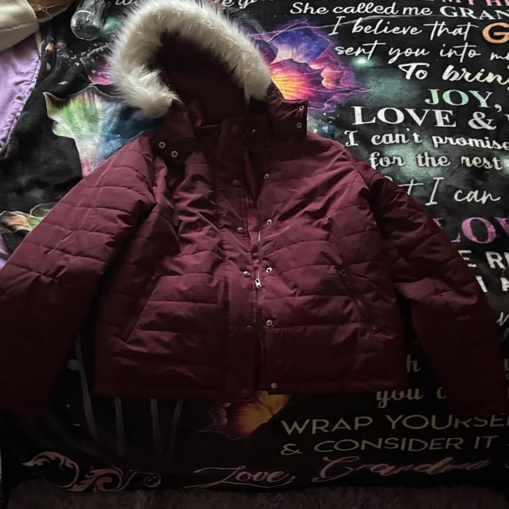 Ambiance Maroon Puffer Jacket with Faux Fur Trim